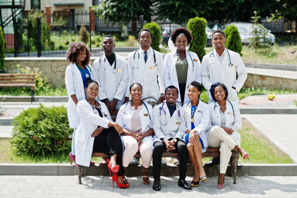 Group of african doctors students near medical university outdoo